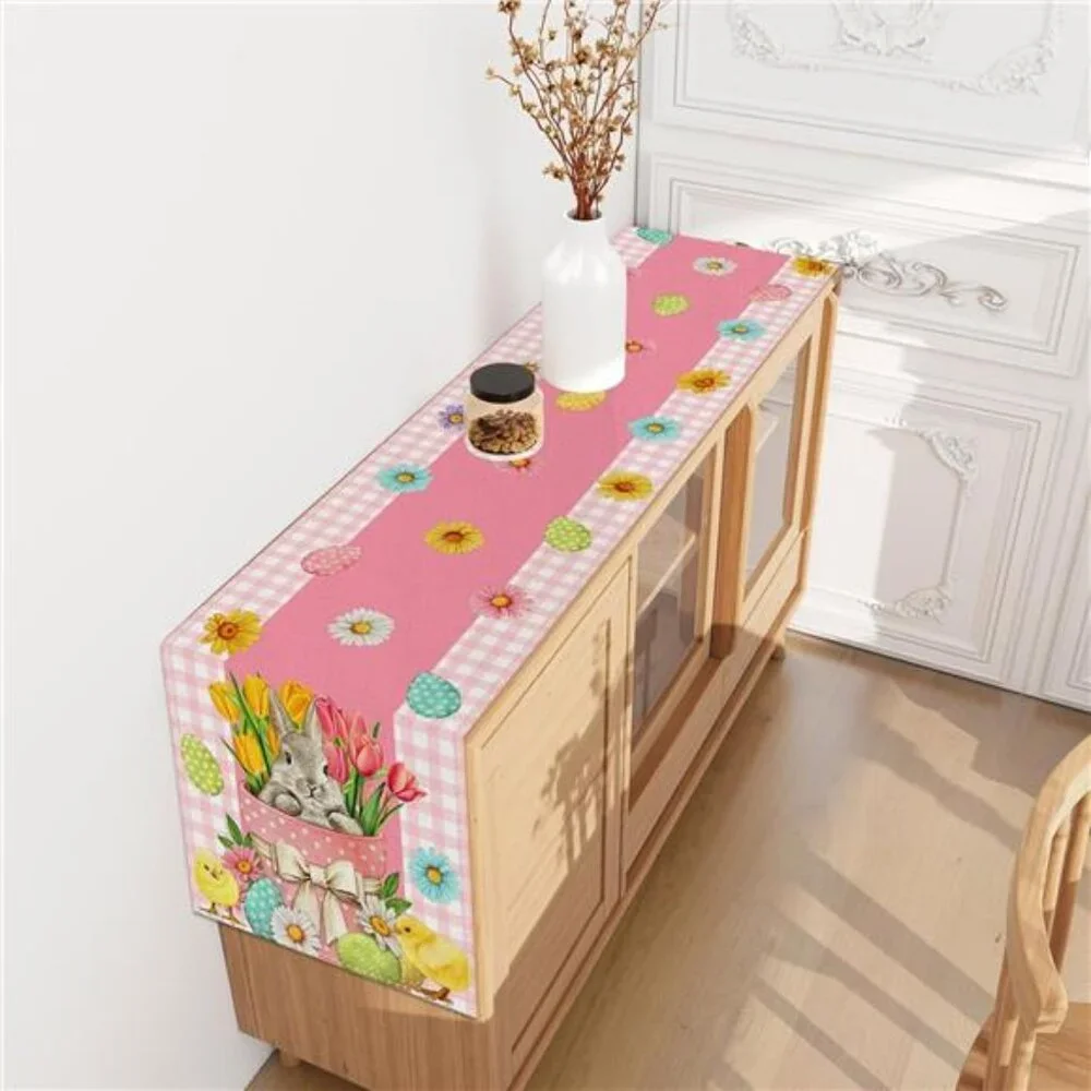 Linen Pink and White Buffalo Check Plaid Easter Table Runner 72 Inches Long